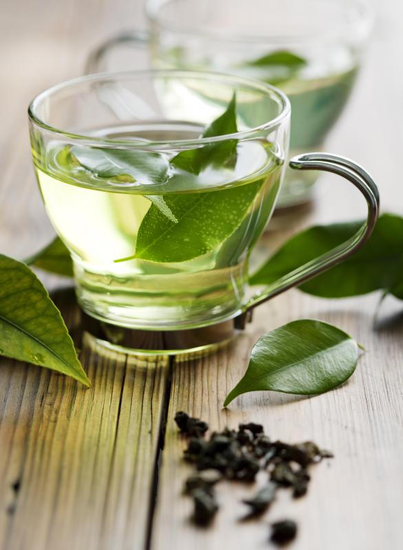 An eight ounce cup of green tea typically has about 24 - 40 mg of caffeine.
