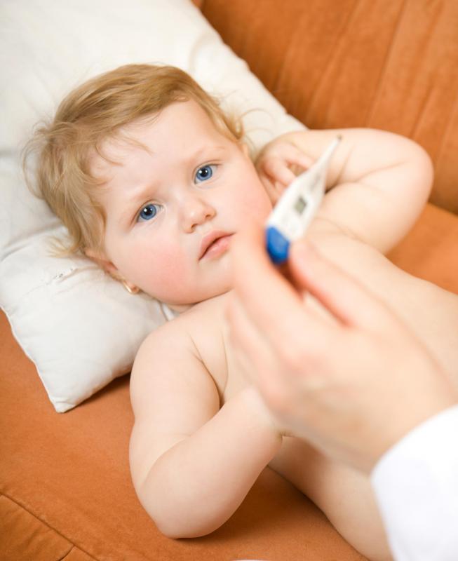 A rectal thermometer may be used to check the temperature of a teething baby.