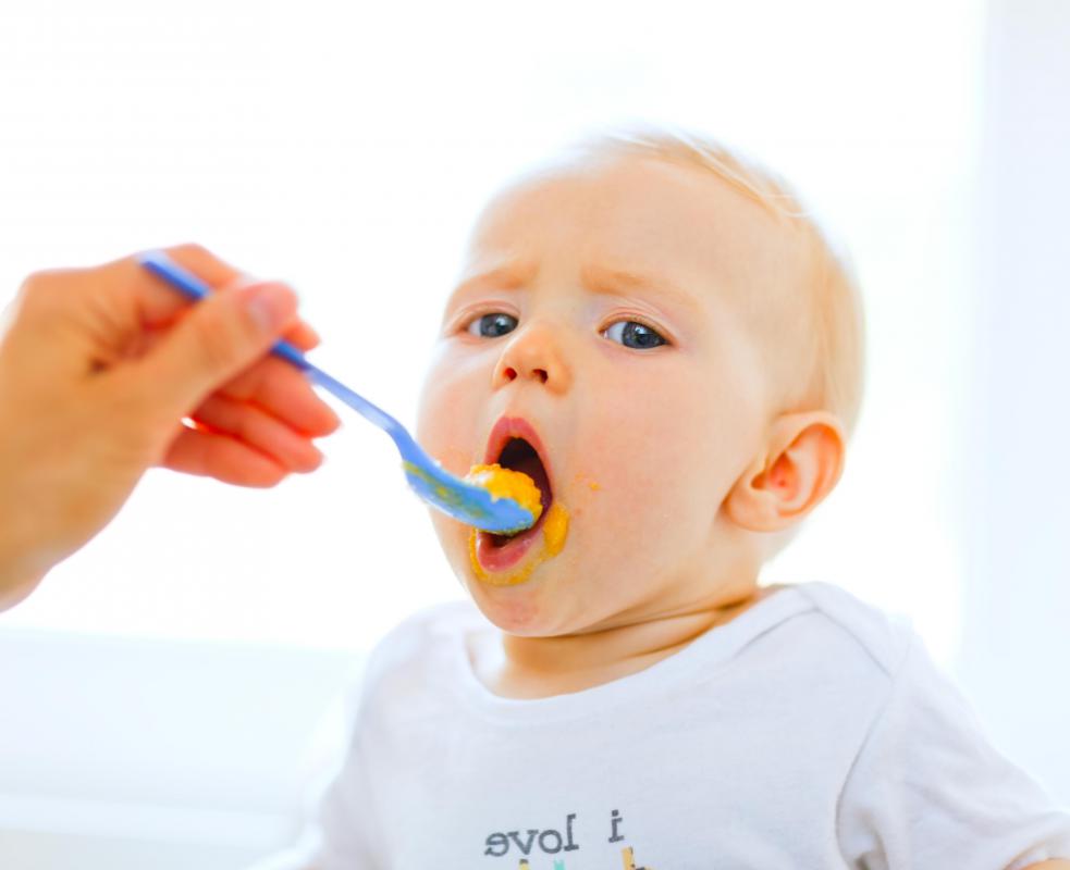 Pureed vegetables are good options for a six-month-old baby.