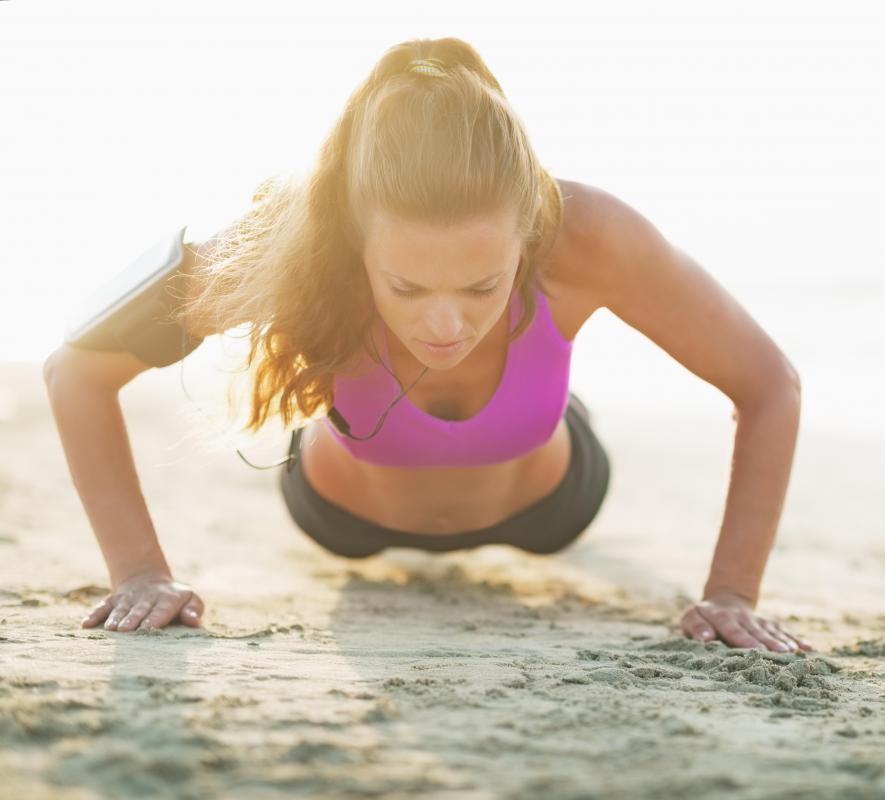 Burpees combine push-ups with squats and jumping jacks.