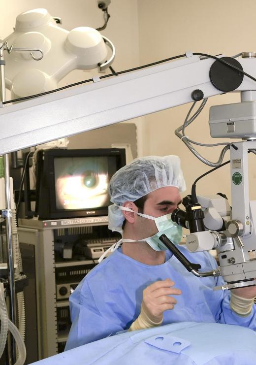 A clouded eye lens is replaced during cataract surgery.